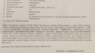Dugaan Pemalsuan Surat Keterangan Tanah, Lurah Tamangapa Kota Makassar Dilaporkan Warganya ke Polisi